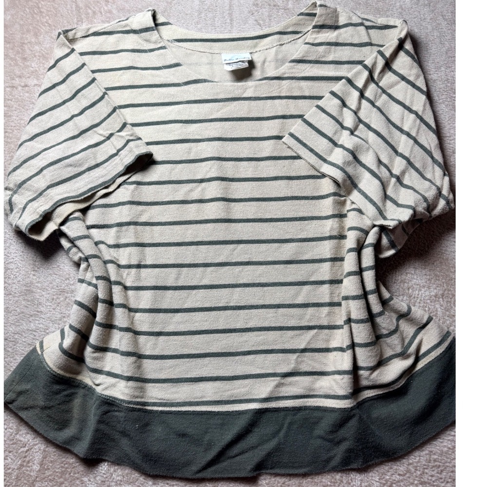 Bobbie Brooks Womens XL Striped Short Sleeve Top Beige Olive Green Colorblock